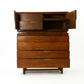 Cavalier Furniture MCM walnut two-piece highboy dresser, 3/4 angle with upper cabinet doors open showing interior drawer and shelf, all lower drawers open, c. 1960s