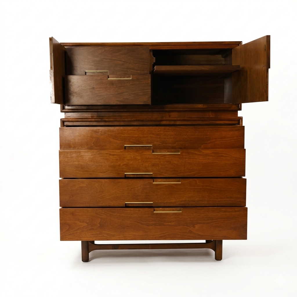 Cavalier Furniture MCM walnut two-piece highboy dresser, 3/4 angle with upper cabinet doors open showing interior drawer and shelf, all lower drawers open, c. 1960s