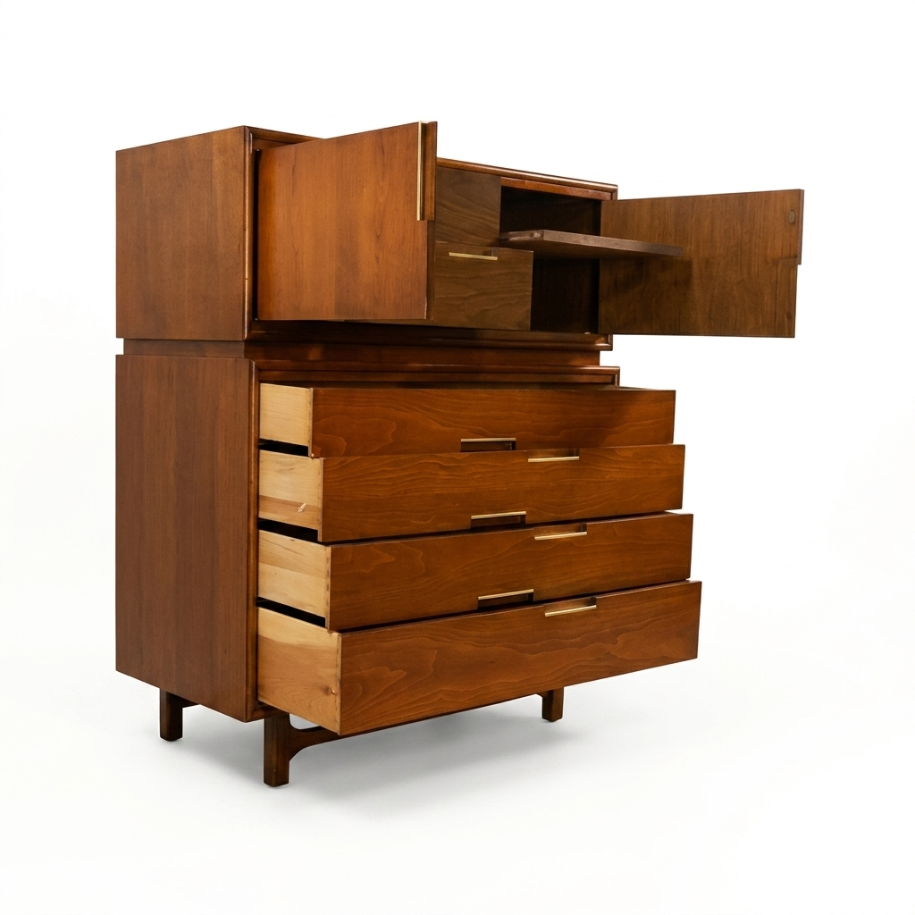 Cavalier Furniture MCM walnut two-piece highboy dresser, front view with upper left cabinet door open and all lower drawers open showing walnut interiors and brass bar pulls, c. 1960s