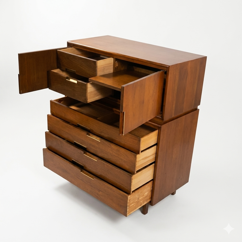 Cavalier Furniture MCM walnut two-piece highboy dresser, 3/4 angle with upper cabinet doors open showing interior drawer and shelf, all lower drawers open, c. 1960s