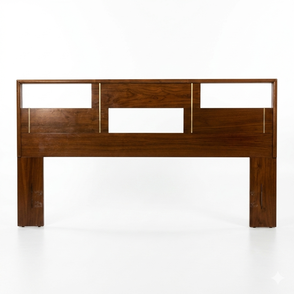 Cavalier Furniture MCM walnut bookcase headboard, straight-on view showing open upper shelf compartments flanking lower center recess, vertical brass accent strips, walnut veneer panels, c. 1960s