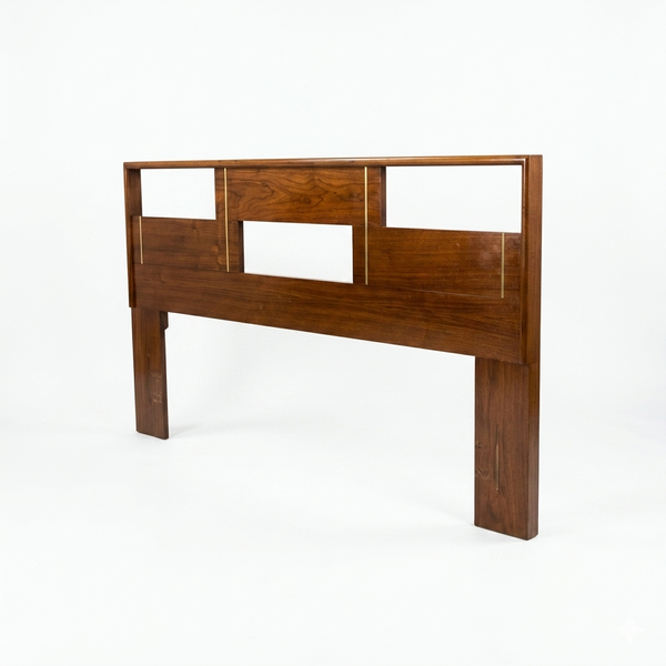 Cavalier Furniture MCM walnut bookcase headboard, front view showing three open display compartments with central vertical divider, brass accent trim, and clean geometric lines, c. 1960s
