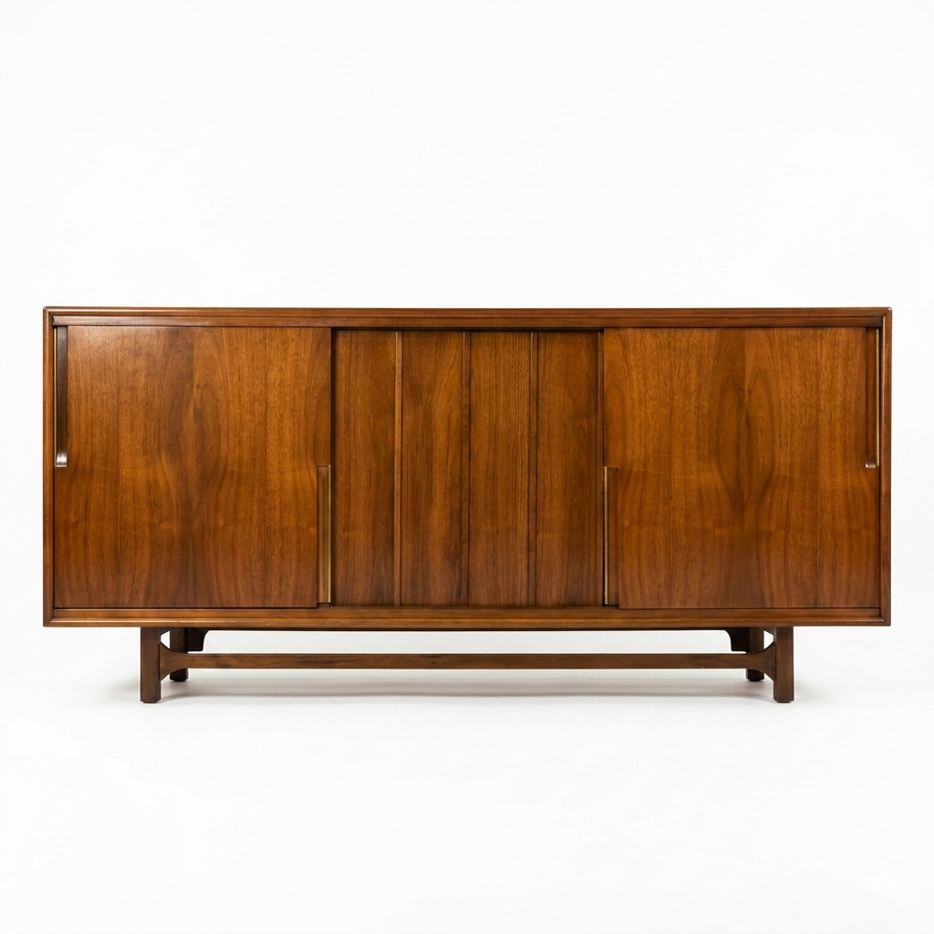 Cavalier Furniture MCM walnut lowboy dresser, straight-on front view with all four sliding door panels closed showing continuous grain and round brass pulls, c. 1960s