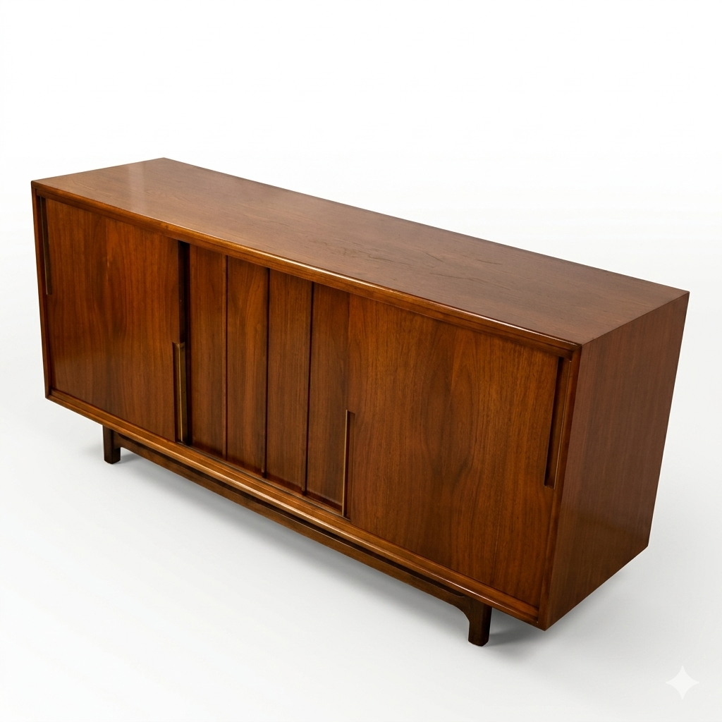 Cavalier Furniture MCM walnut lowboy dresser, elevated 3/4 front-left view showing top surface and tapered legs with all sliding door panels closed, c. 1960s