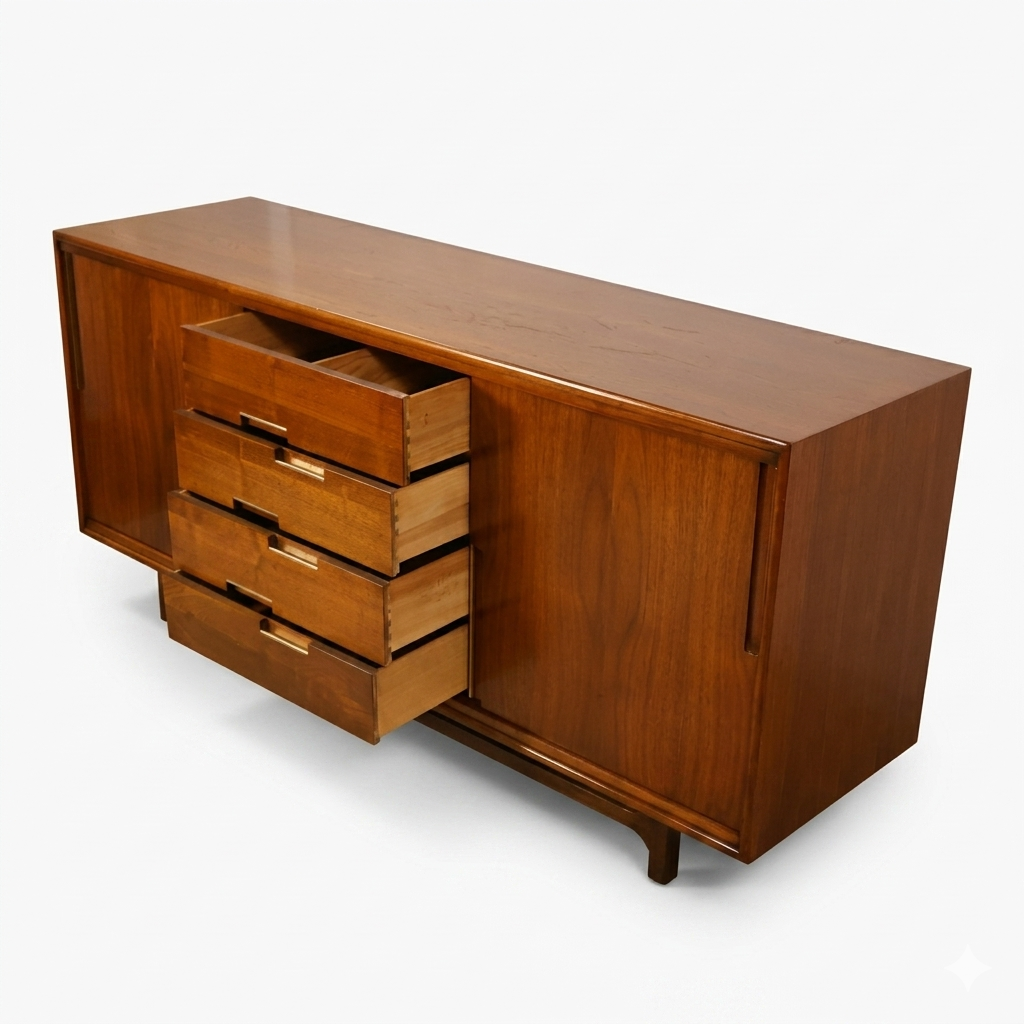 Cavalier Furniture MCM walnut lowboy dresser, 3/4 view with left panel open and 4 drawers pulled out showing walnut interiors and brass bar pulls, closed panel on right, c. 1960s