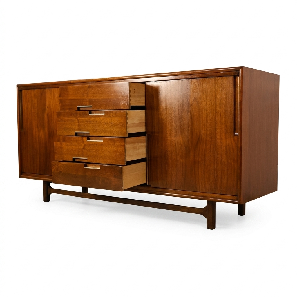 Cavalier Furniture MCM walnut lowboy dresser, center panel open with 4 drawers pulled out showing walnut interiors and brass bar pulls, flanked by closed panels, c. 1960s