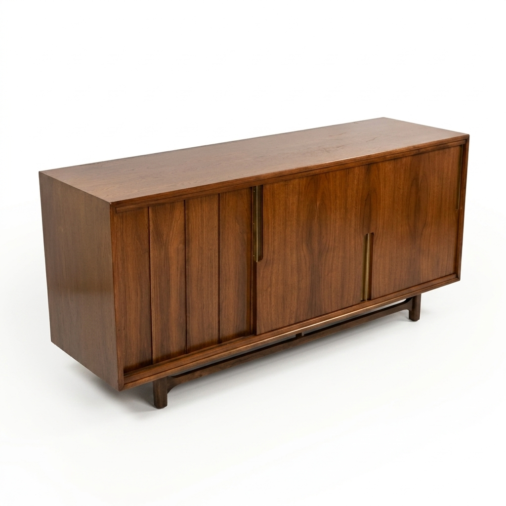 Cavalier Furniture MCM walnut lowboy dresser, slight 3/4 front view showing four sliding panels closed with brass vertical pulls and horizontal stretcher base, c. 1960s