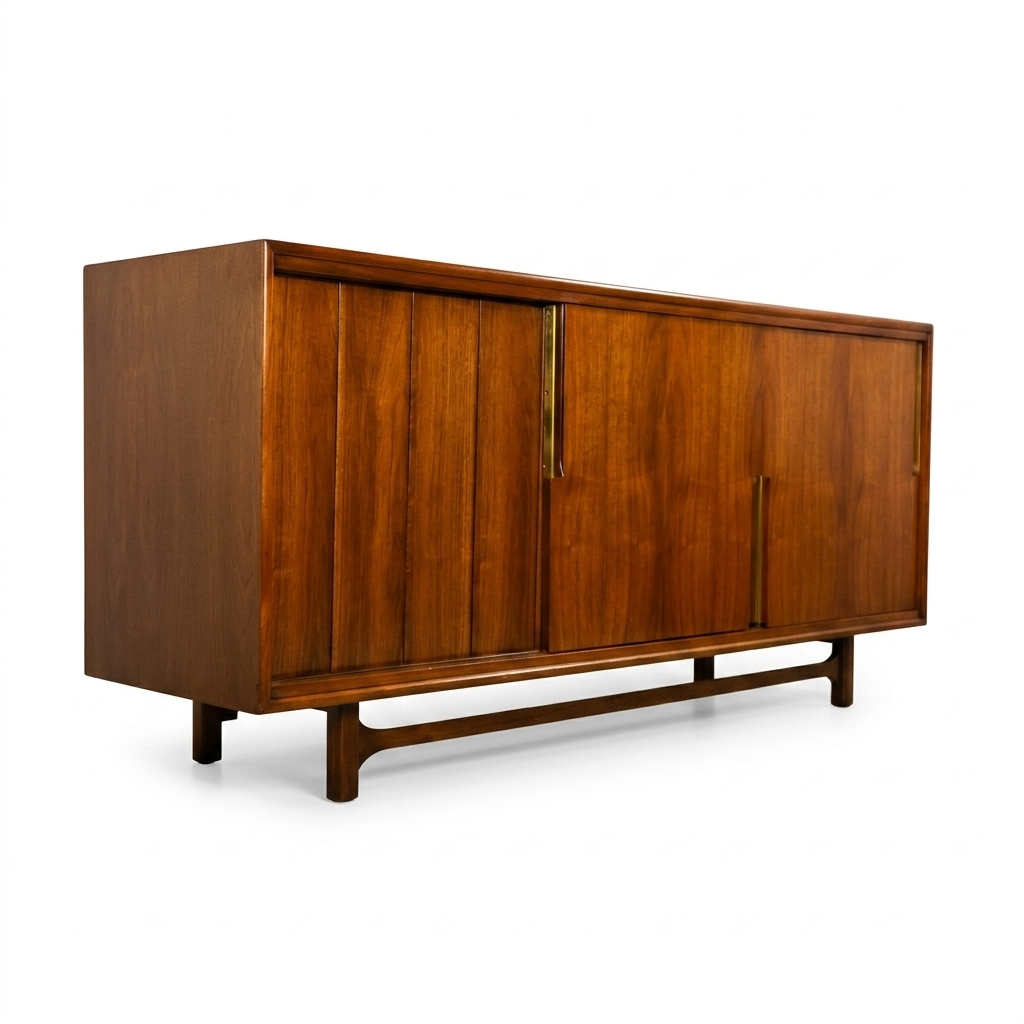 Cavalier Furniture MCM walnut lowboy dresser, front view showing four bookmatched sliding door panels with brass vertical pulls and stretcher base, c. 1960s