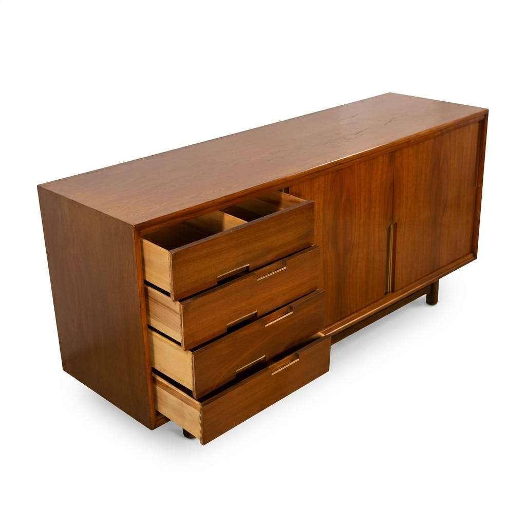 Cavalier Furniture MCM walnut lowboy dresser, 3/4 left-front view with left panel open and all 4 drawers fully extended showing walnut interiors and brass bar pulls, c. 1960s