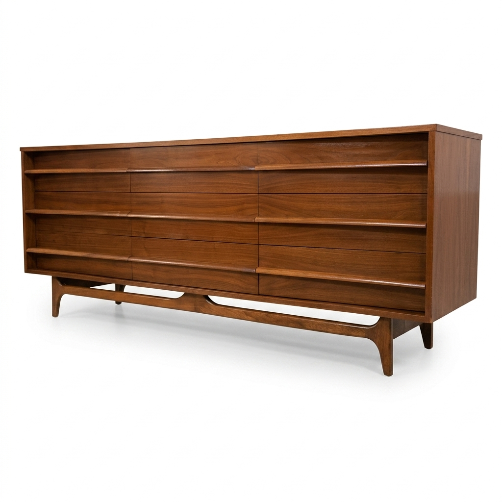 Young Manufacturing MCM walnut lowboy dresser, front view showing concave drawer fronts and splayed arched base, c. 1960s