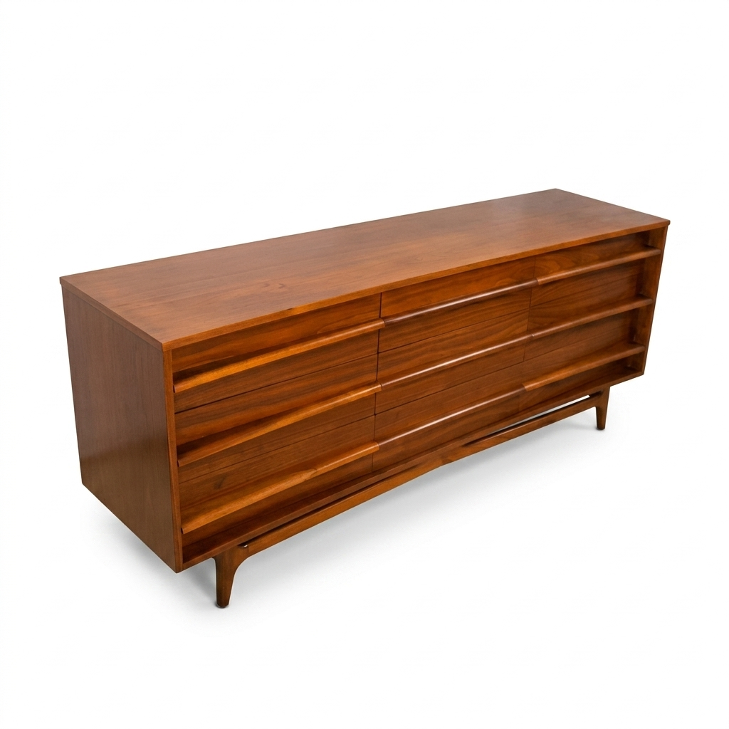 Young Manufacturing MCM walnut lowboy dresser, left-side profile showing slim depth and splayed tapered legs, c. 1960s
