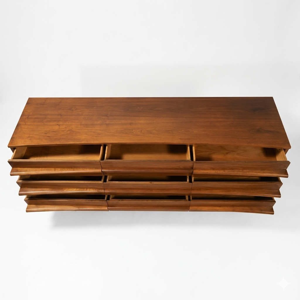 Young Manufacturing MCM walnut lowboy dresser, overhead top-down view showing flat walnut top surface and all drawers slightly open, c. 1960s
