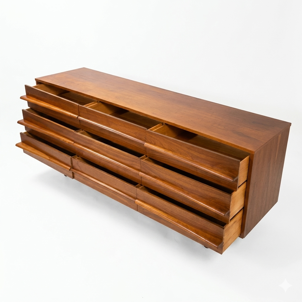 Young Manufacturing MCM walnut lowboy dresser, elevated 3/4 view with all 9 drawers open showing concave fronts and walnut interiors, c. 1960s