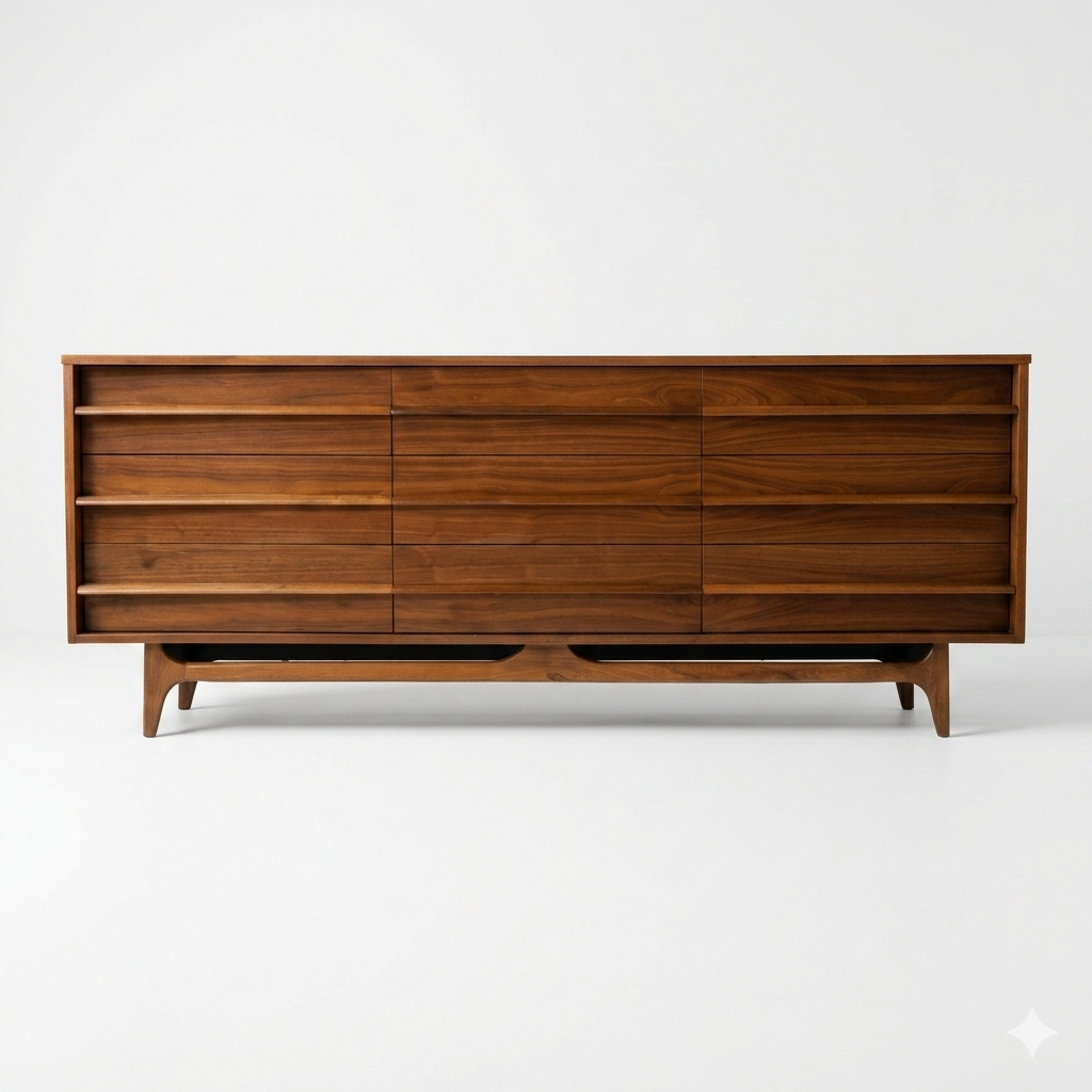 Young Manufacturing MCM walnut lowboy dresser, straight-on front view with all 9 drawers closed showing concave fronts and sculpted arched base, c. 1960s