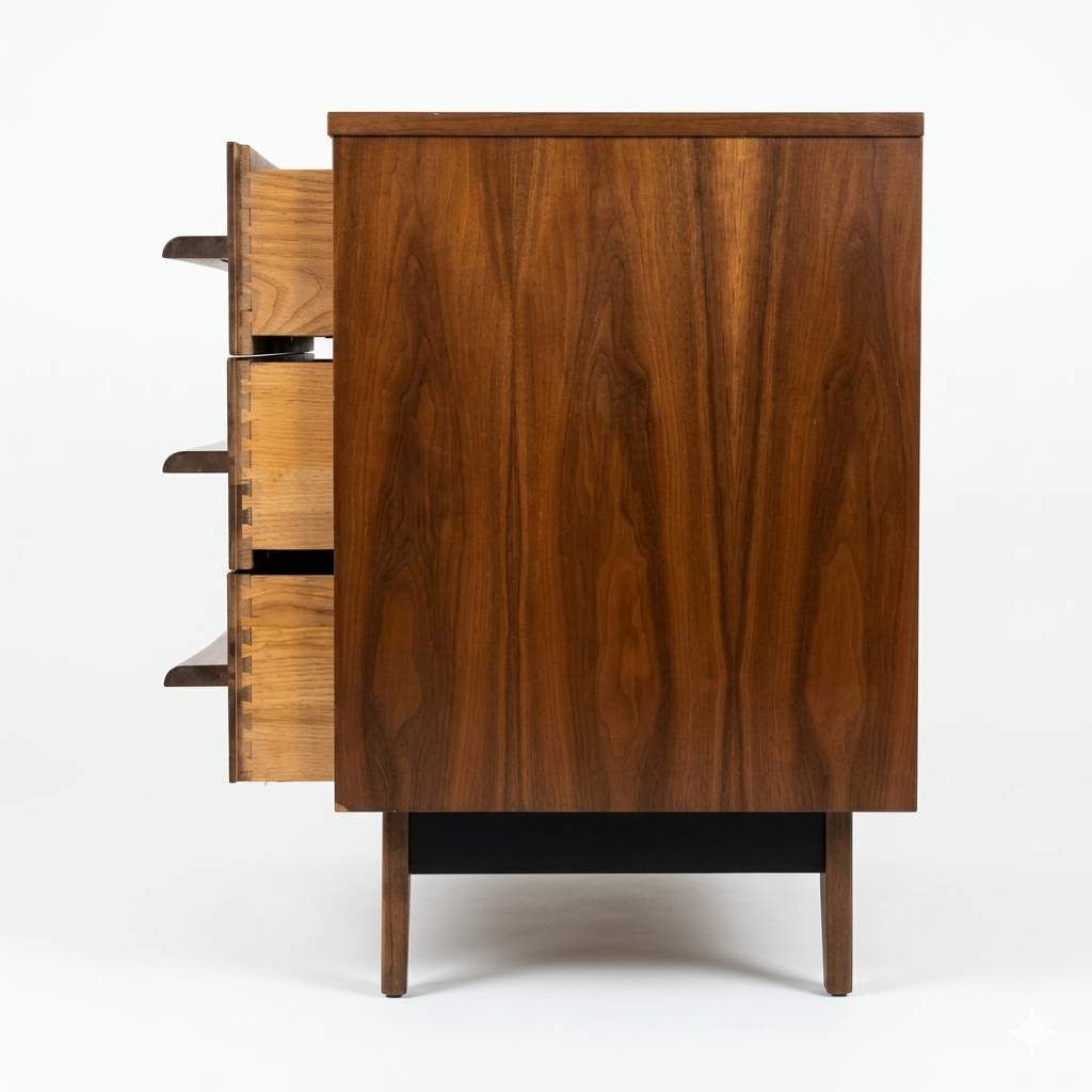 Young Manufacturing MCM walnut lowboy dresser, right side panel close-up showing vertical walnut grain with two drawers open, c. 1960s