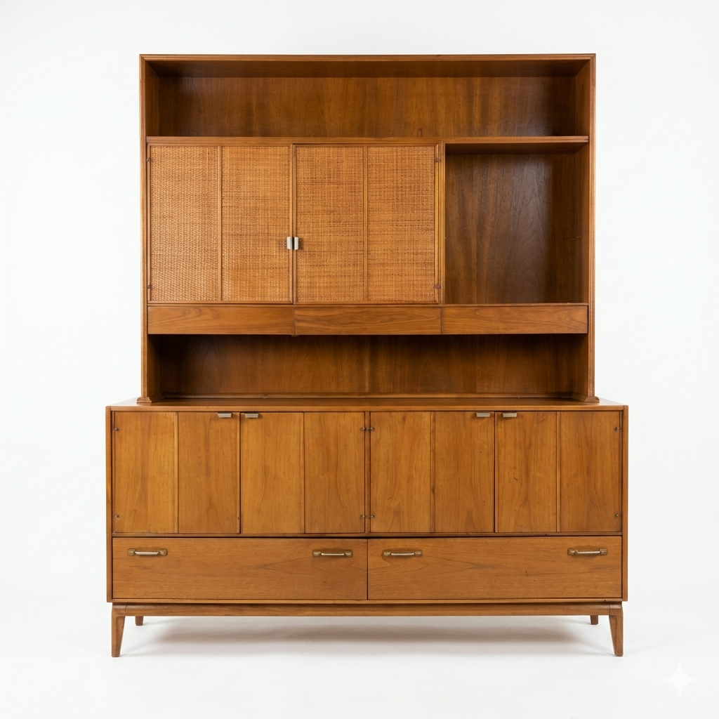 Red Lion MCM walnut two-piece china cabinet, front view with hutch cane panel doors slid open revealing interior shelf, buffet base with four panel doors and two drawers, tapered legs, c. 1960s