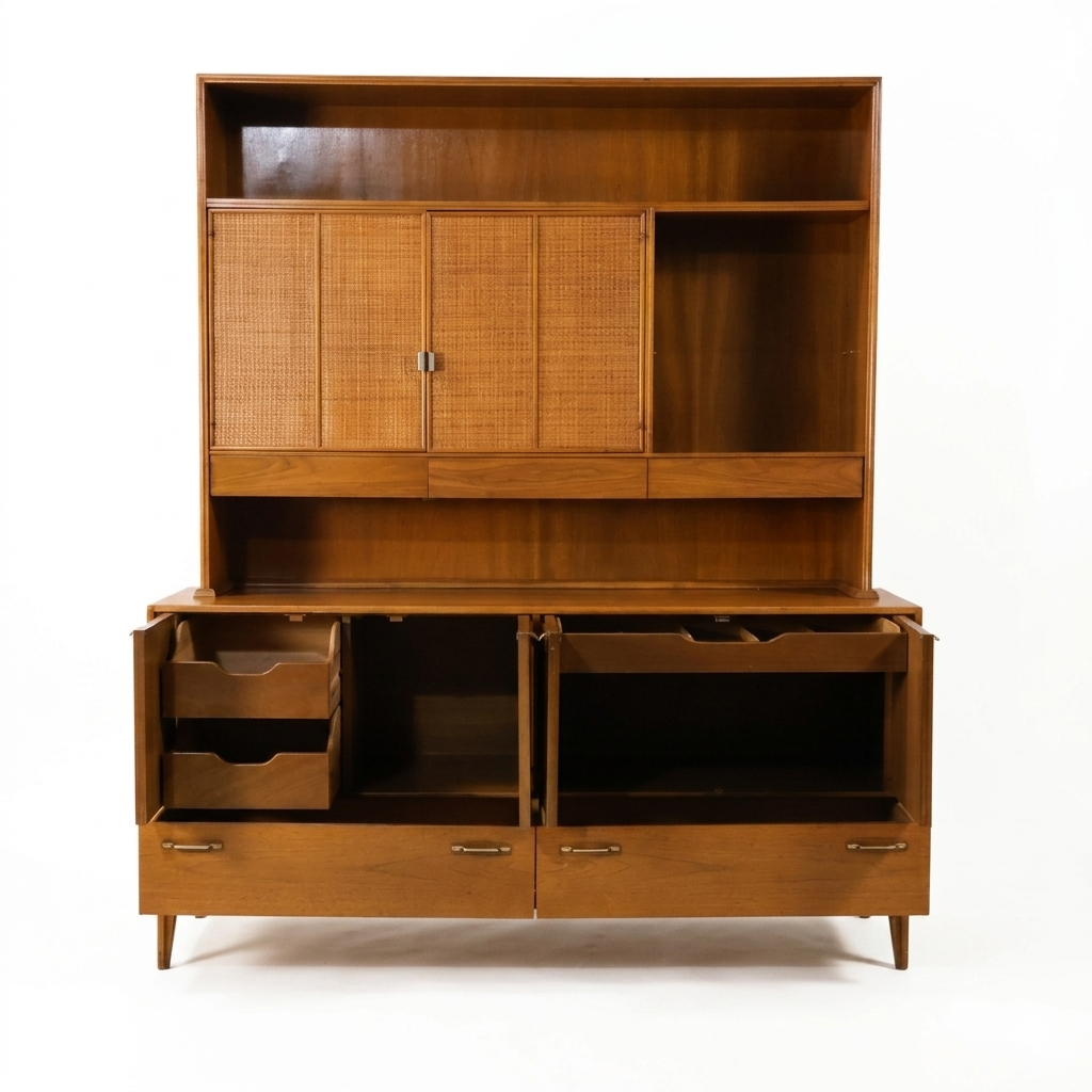 Red Lion MCM walnut two-piece china cabinet, all buffet doors open and both drawers extended showing interior storage compartments, hutch with cane panel doors and open right shelf above, c. 1960s