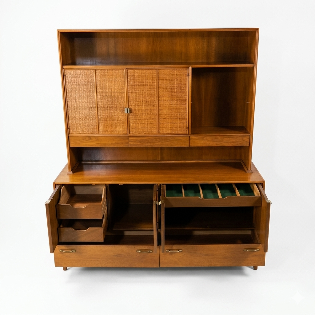 Red Lion MCM walnut two-piece china cabinet, detail view of buffet interior showing small divided compartments with green velvet lining, file storage, and multiple storage trays, cane panel hutch above, c. 1960s