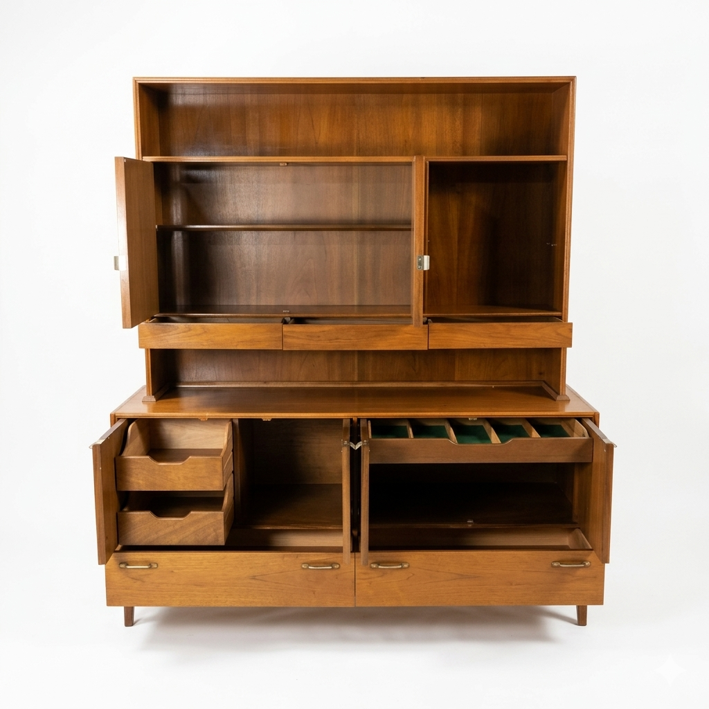 Red Lion Vintage Mid Century Modern Two-Piece China Cabinet Buffet and Hutch c. 1960s — view 12
