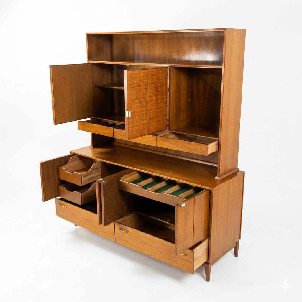 Red Lion MCM walnut two-piece china cabinet, 3/4 view with left hutch door open showing cane panel back and interior shelf, buffet fully open revealing velvet-lined compartments and file storage, c. 1960s