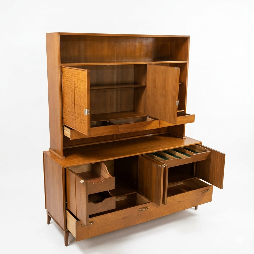 Red Lion Vintage Mid Century Modern Two-Piece China Cabinet Buffet and Hutch c. 1960s — view 13