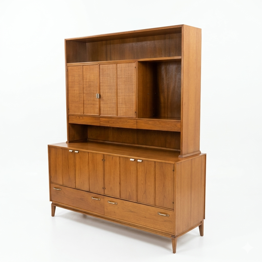 Red Lion MCM walnut two-piece china cabinet, 3/4 angle view showing full piece with cane panel hutch doors, open shelf section, buffet base with four panel doors and two bottom drawers, tapered legs, c. 1960s