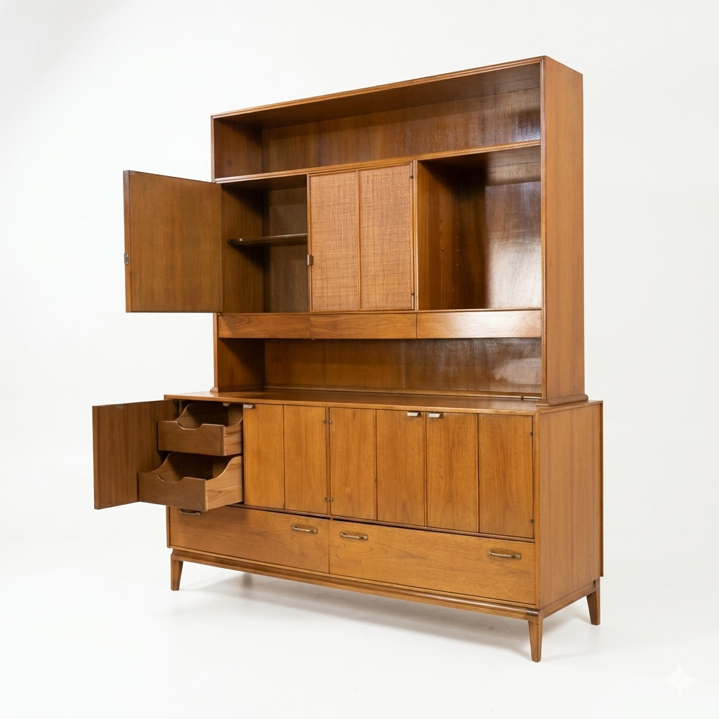 Red Lion MCM walnut two-piece china cabinet, left hutch door and left buffet door open showing interior shelves and storage, drawers extended, cane panel and panel door details visible, c. 1960s