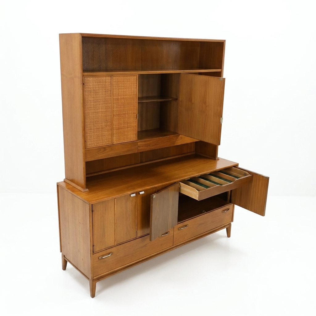 Red Lion MCM walnut two-piece china cabinet, right hutch door and right buffet doors open showing interior shelves, drawer extended revealing file storage, cane panel door detail visible, c. 1960s