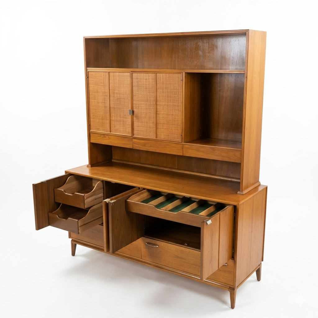 Red Lion MCM walnut two-piece china cabinet, buffet doors open showing interior with hanging file folders in center compartment and small tray drawer on left, hutch with cane panel doors above, c. 1960s