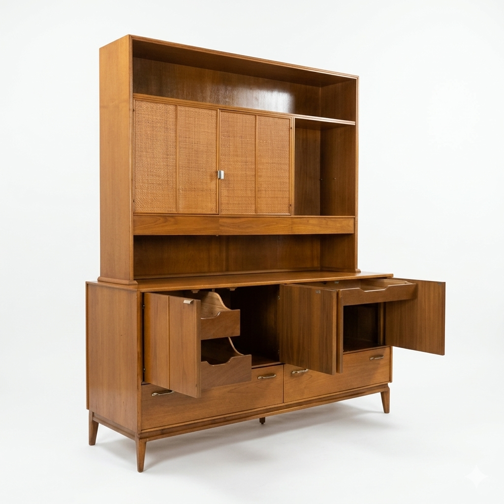 Red Lion MCM walnut two-piece china cabinet, all buffet doors open showing interior file/storage compartments and drawer extended, hutch with closed cane panel doors above, tapered legs, c. 1960s