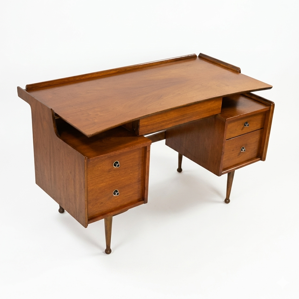 Hooker Furniture vintage mid-century modern walnut desk — multiple drawers, period brass hardware, case piece, c. 1960s