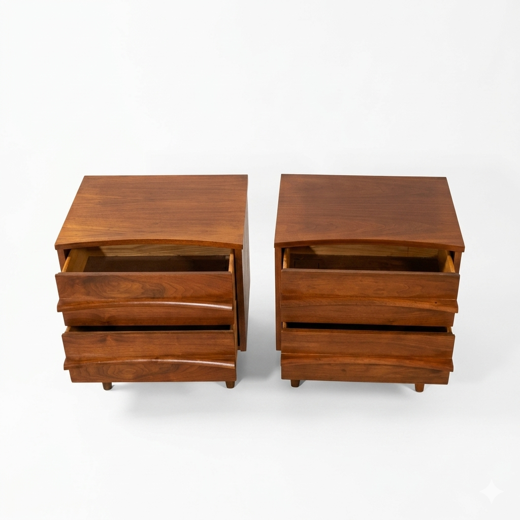 Young Manufacturing Vintage Concave Top Mid Century Modern Pair of Nightstands c. 1960s