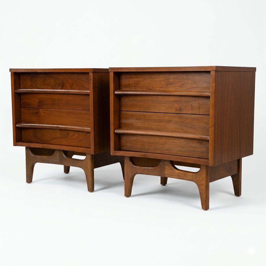 Young Manufacturing Vintage Concave Top Mid Century Modern Pair of Nightstands c. 1960s