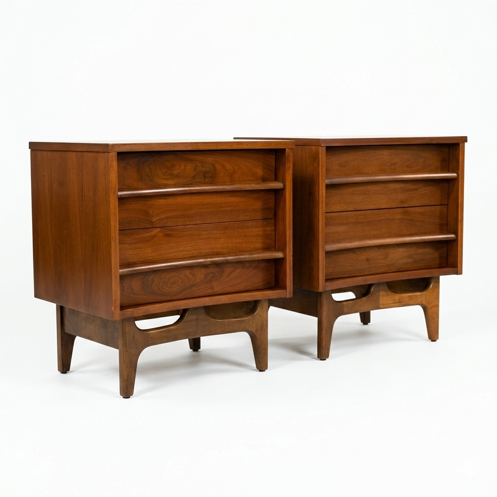 Young Manufacturing Vintage Concave Top Mid Century Modern Pair of Nightstands c. 1960s