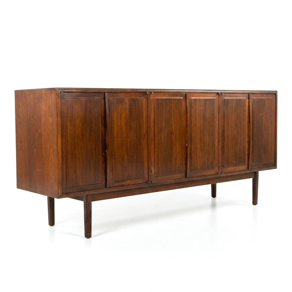 Jack Cartwright for Founders mid-century modern walnut credenza — sliding doors, tapered solid walnut legs, Danish-inspired design, c. 1960s