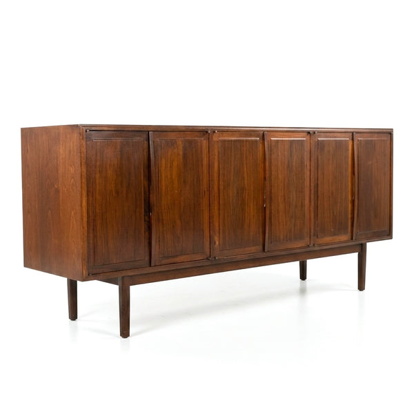 Jack Cartwright for Founders mid-century modern walnut credenza — sliding doors, tapered solid walnut legs, Danish-inspired design, c. 1960s