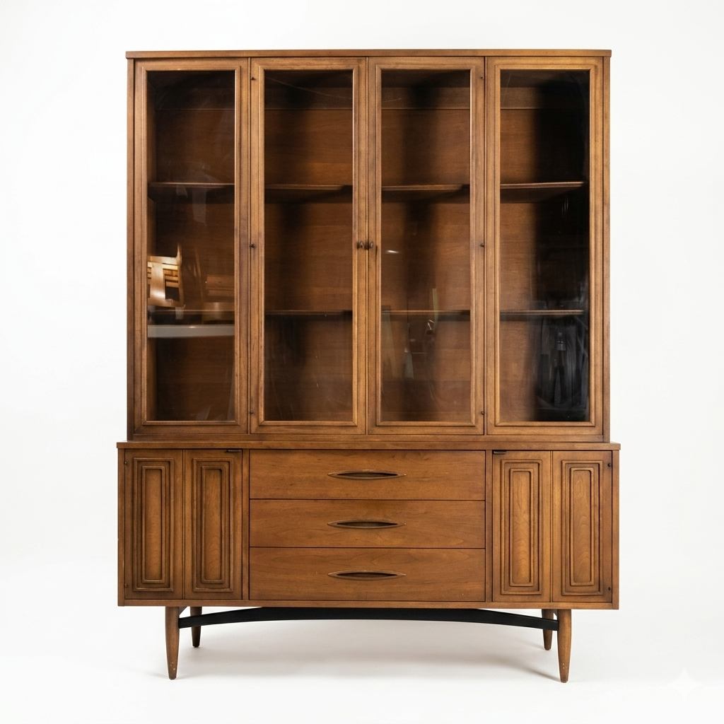 Broyhill Sculptra MCM walnut two-piece china cabinet, full front view showing four-door glass hutch displaying glassware on interior shelves, buffet base with three drawers and carved panel doors, c. 1960s