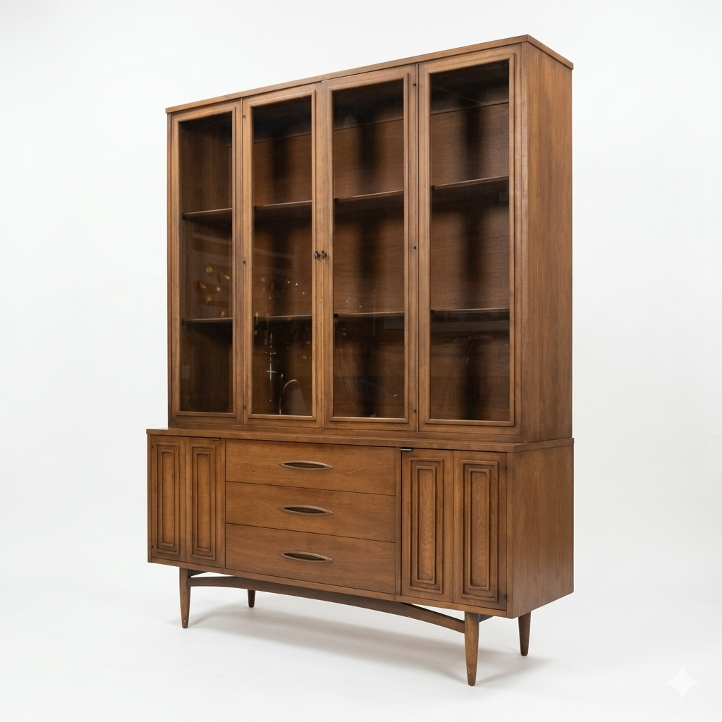 Broyhill Sculptra MCM walnut two-piece china cabinet, 3/4 angle view showing full piece with glass hutch doors, Sculptra carved panel buffet doors, three drawers, and black metal stretcher base, tapered legs, c. 1960s