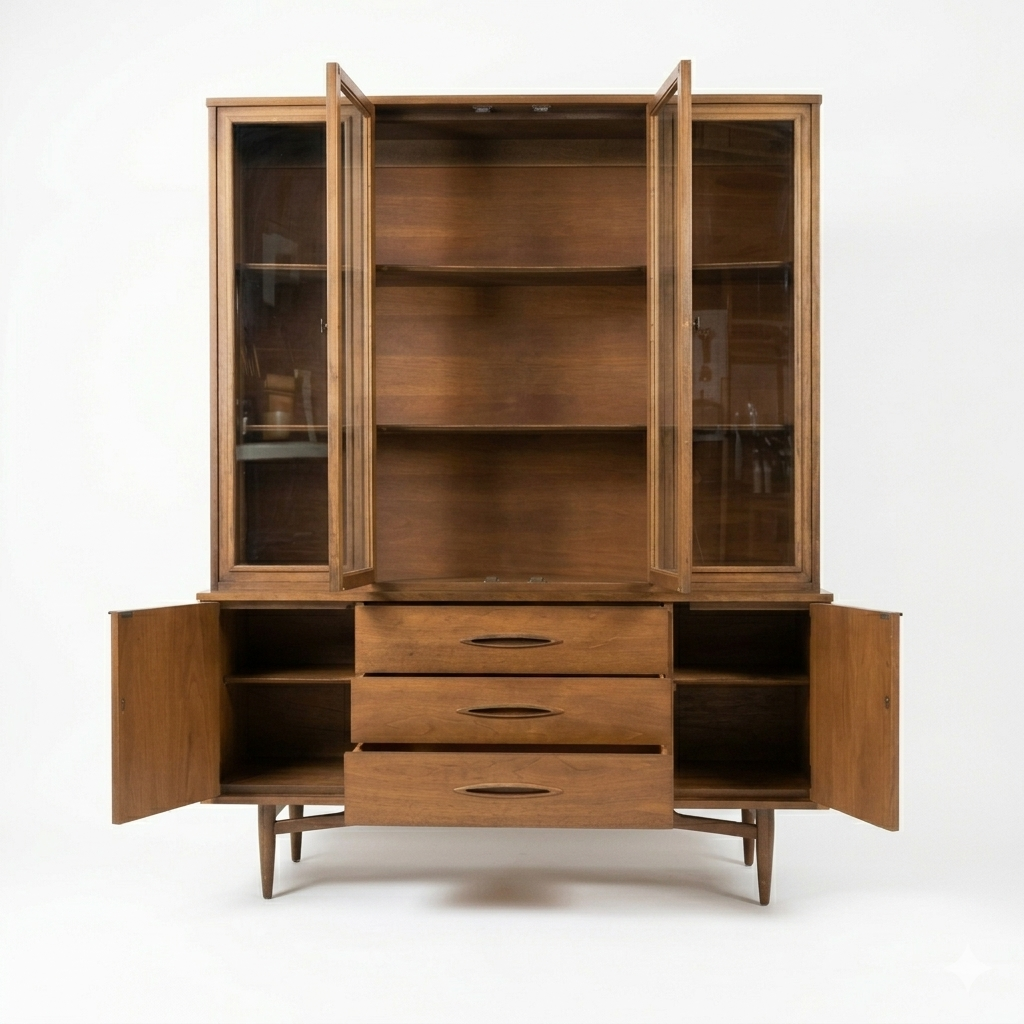 Broyhill Sculptra MCM walnut two-piece china cabinet, all doors open showing hutch interior shelves, buffet interior storage compartments flanking three center drawers with Sculptra pulls, tapered legs, c. 1960s