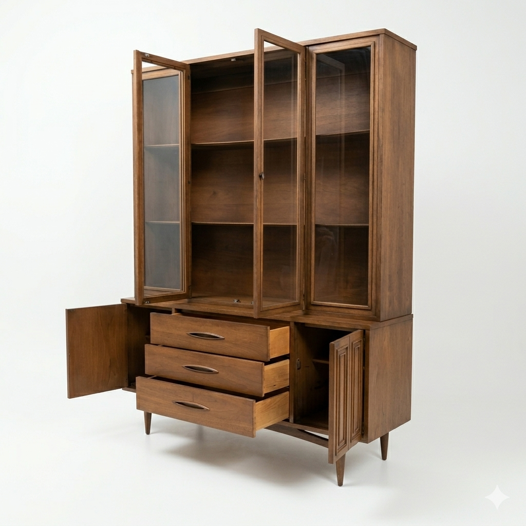 Broyhill Sculptra MCM walnut two-piece china cabinet, 3/4 view with hutch and left buffet door open showing interior shelving and storage, three center drawers with Sculptra hardware, tapered legs, c. 1960s