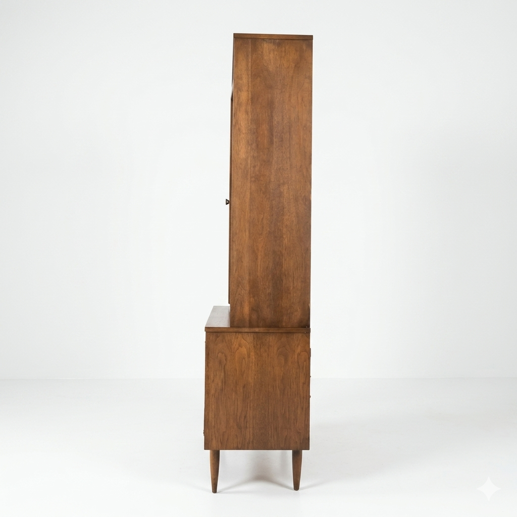 Broyhill Sculptra MCM walnut two-piece china cabinet, side profile view showing depth of hutch and buffet base, tapered legs, and clean side panel construction, c. 1960s