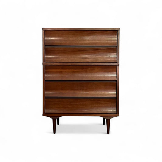 Johnson Carper “Brentwood” Mid Century Modern 5 Drawer Highboy Tall Dresser c. 1960s