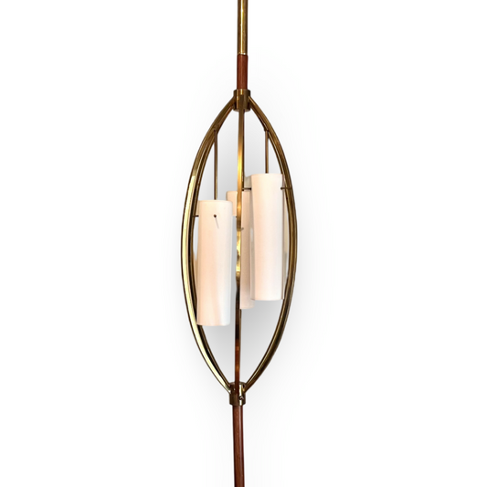 Mid Century Modern tension pole lamp with brass and walnut