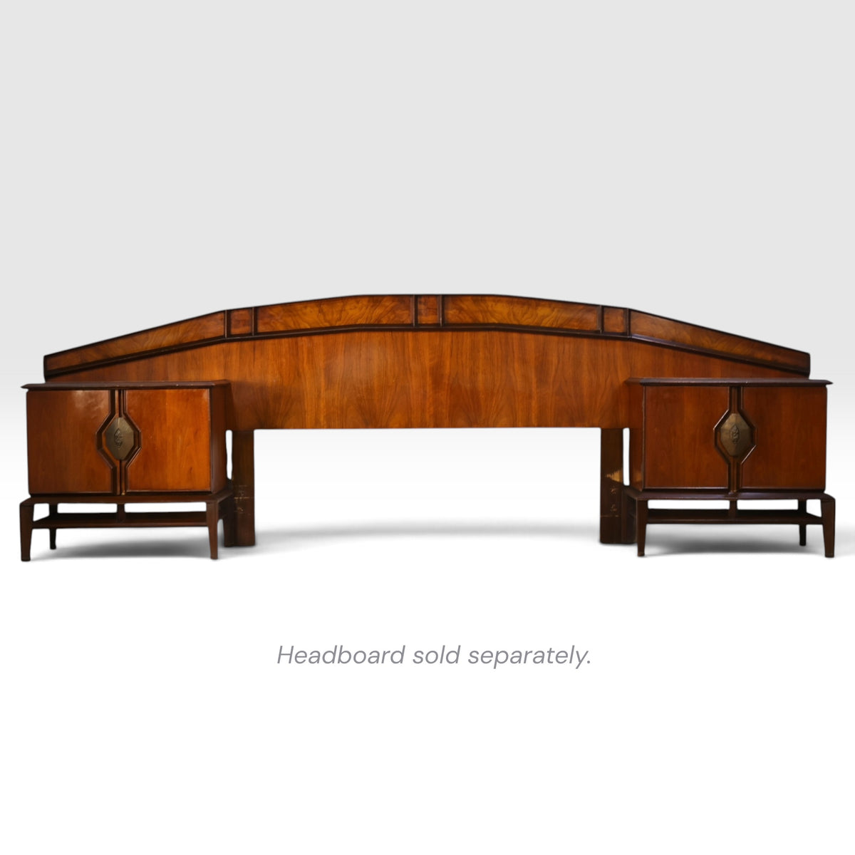pair of Helen Hobey Baker walnut nightstands shown with matching headboard