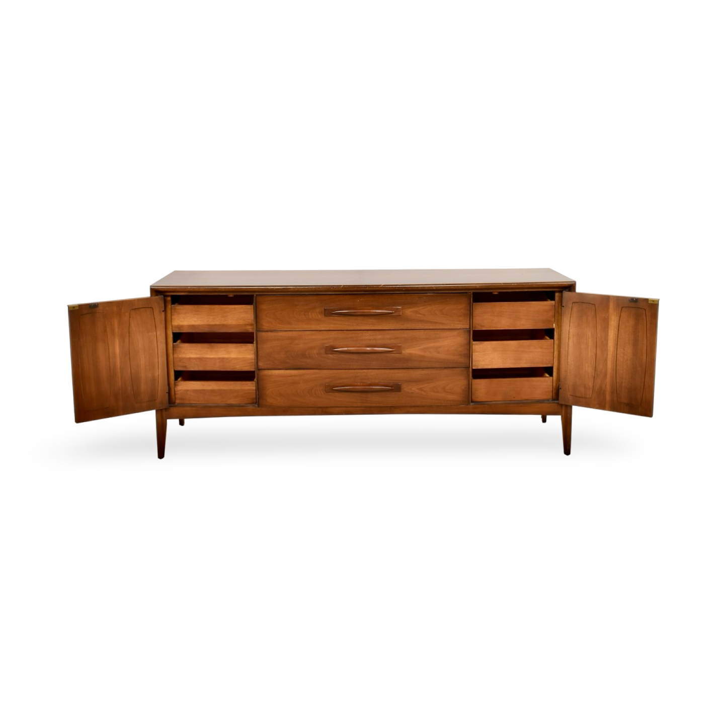Vintage MCM dresser with routed oval panels and walnut finish