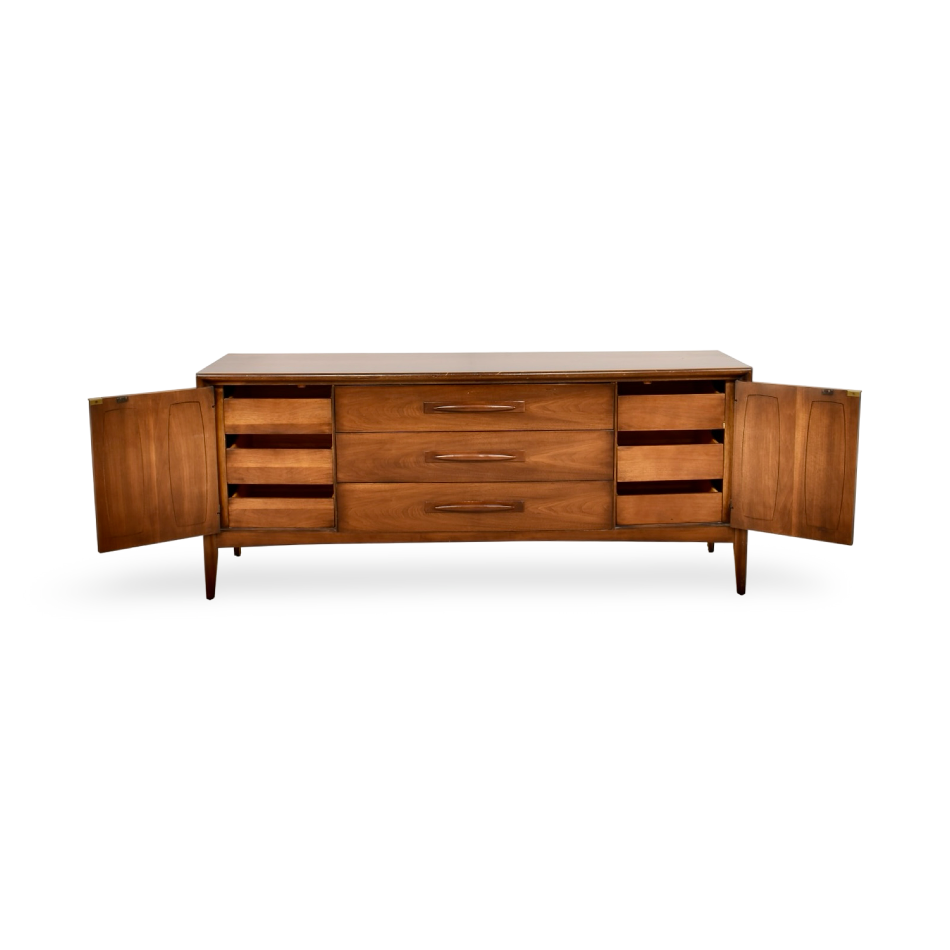 Vintage MCM dresser with routed oval panels and walnut finish