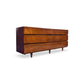 Vintage MCM lowboy dresser with block front and walnut finish