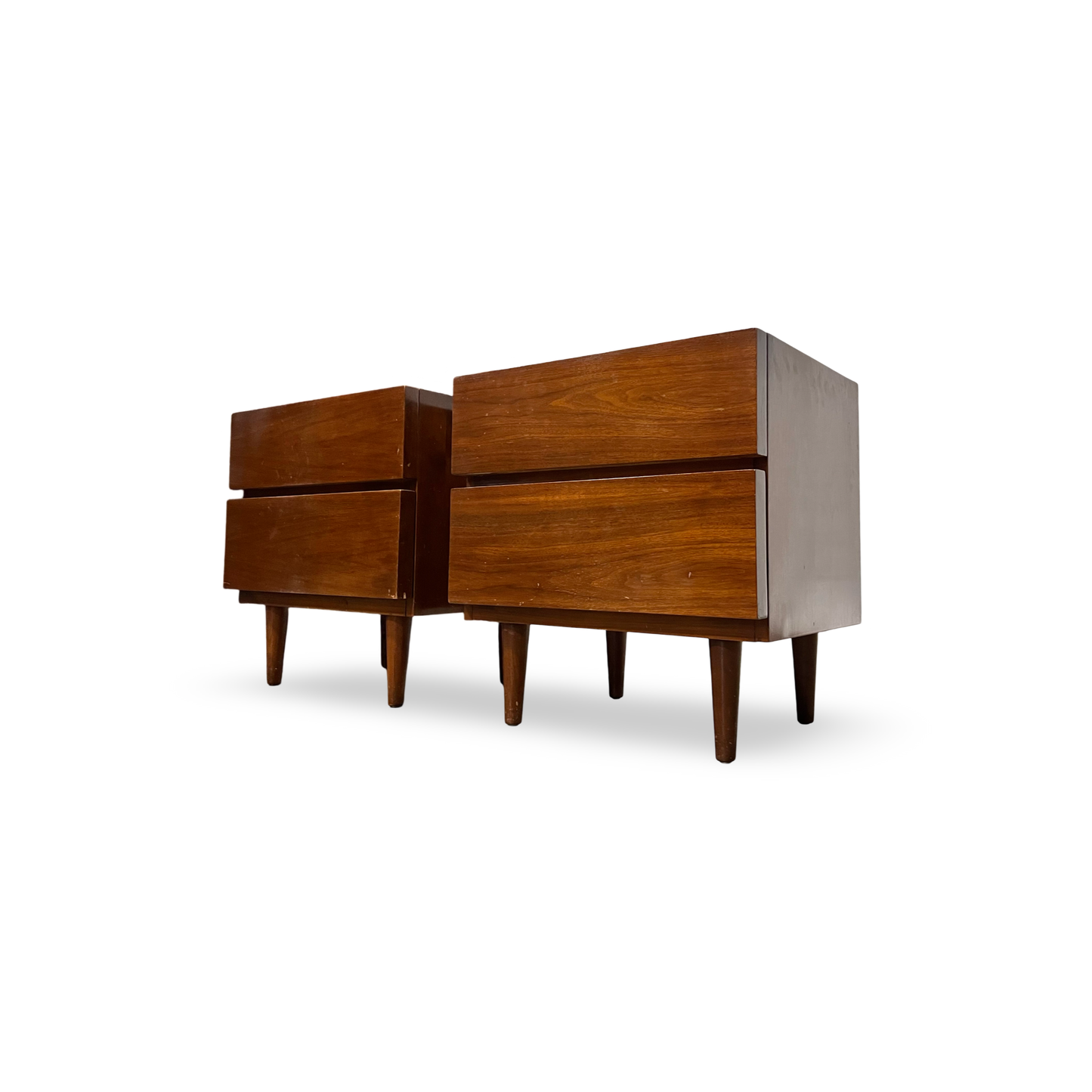 Vintage MCM nightstands with block front design and walnut finish