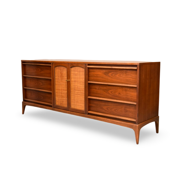 Lane Rhythm Vintage Mid Century Modern 9 Drawer Lowboy Dresser c. 1... — walnut construction, front view