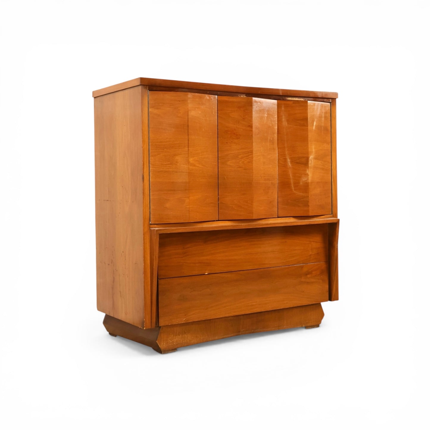 Sculptural Atomic Style Vintage Mid Century Modern 5 Drawer Highboy... — walnut construction, front view